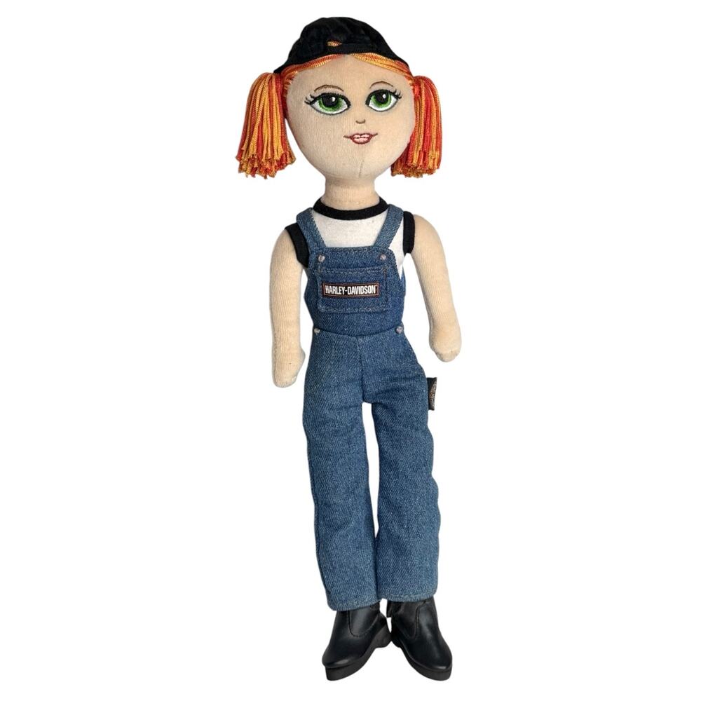 Harley Davidson Biker Babe Doll Plush 14” Embroidered Eyes Jean Overall Hat Boot